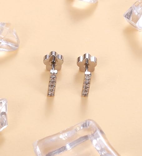 14K Gold Plated Small Stud Earrings for Girls Women Hypoallergenic Surgical Steel Cartilage Flat Back Stud Earrings CZ Cross Dot Bar Heart Handmade Screw Back Earrings Studs - color: Silver, style: Bar