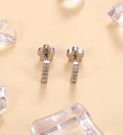 14K Gold Plated Small Stud Earrings for Girls Women Hypoallergenic Surgical Steel Cartilage Flat Back Stud Earrings CZ Cross Dot Bar Heart Handmade Screw Back Earrings Studs - color: Silver, style: Bar