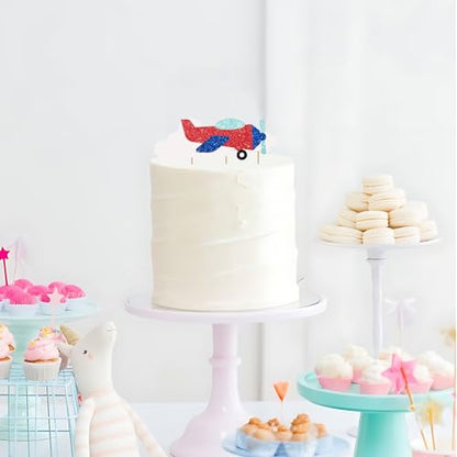 Airplane Cake Topper, Airplane Birthday Cake Decor, Red Glitter How Time Files Cake Topper for Kids, Plane Travel Themed Birthday/Baby Shower Party Decoration - style: Airplane