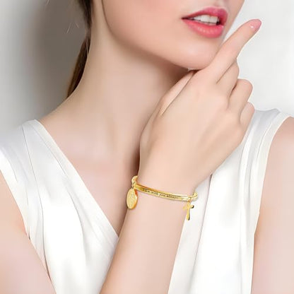 DS Women Christian Charm Bracelet,Cross Scripture Stainless Steel Jewelry - style: I am with you always-Gold