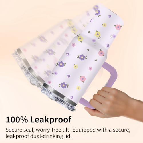 Purple Floral 40oz Tumbler with Handle Straw, Cute Flower Gifts for Women - color: Floral1