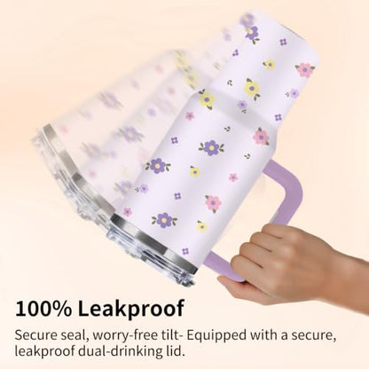 Purple Floral 40oz Tumbler with Handle Straw, Cute Flower Gifts for Women - color: Floral1