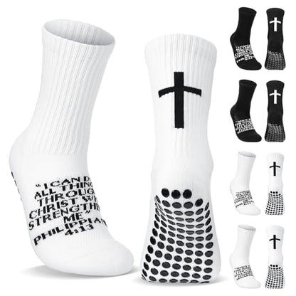 Glitopper Men's Cross Grip Soccer Socks Christian - color: White, style: Philippians 4:13