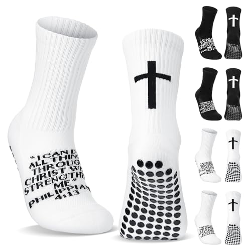 Glitopper Cross Grip Soccer Socks Anti Slip Christian Socks with Bible Verse Religious Grip Sports - color: White, style: Philippians 4:13