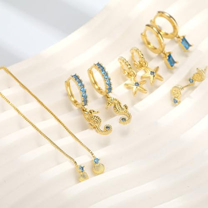 Gold Earrings Set for Women 14K Gold Plated Cubic Zirconia Love Heart Bowknot Clover Fruit Flower Insect Ocean Cross Huggie Hoop Earrings Stud Earrings Set for Multiple Piercing Party Jewelry Gifts - style: Seashell and Starfish