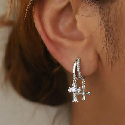 Double Huggie Hoop Earrings with Charms Cross Dangle Earrings Gold/Silver Double Cross Drop Hoop Earrings for Women Men Trendy - style: Style A-Silver