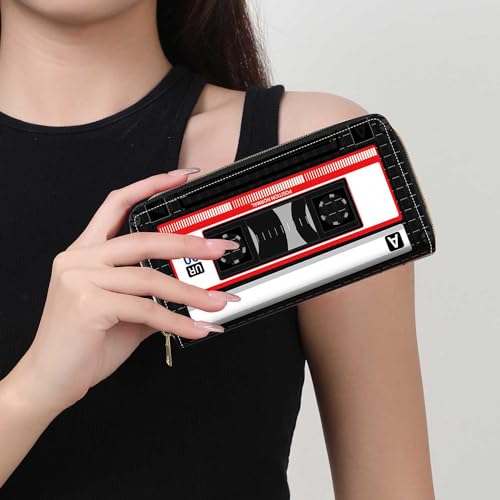 90s Music Cassette Print Wallet for Women Large Capacity Wallet Credit Card Holder PU Leather Zipper Clutch Purse Phone Wallet - color: 90s Music Cassette