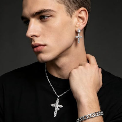 NEWITIN 37 Pieces Silver Jewelry Set for Men Stainless Steel Cross Jewelry - color: Shiny Silver