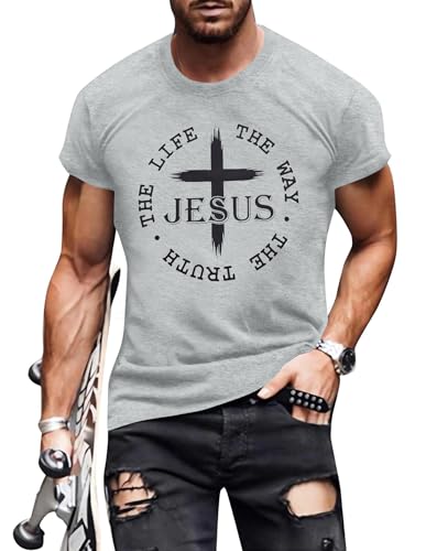 Christian Jesus Faith Shirts Men: The Way The Truth Life Cross Graphic Tee - color: Light Gray, size: X-Large