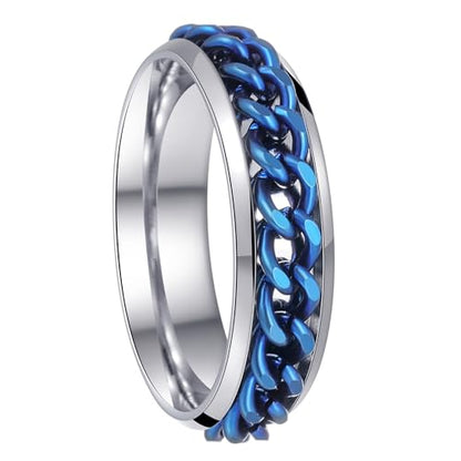 Mens Fidget Rings Anxiety Ring for Men 6mm 8mm Chain Spinner Ring Size 5-14 - color: Titanium Silver Blue