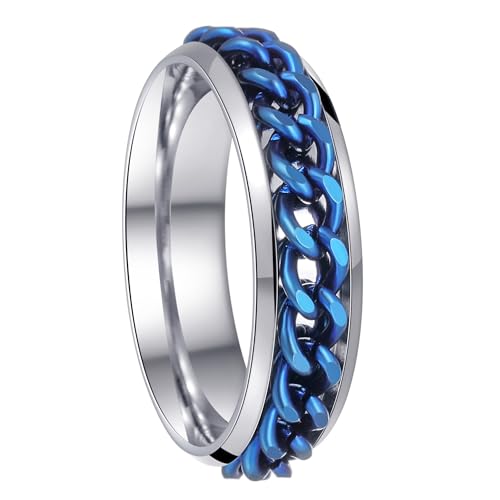 Mens Fidget Rings Anxiety Ring for Men 6mm 8mm Chain Spinner Ring Size 5-14 - color: Titanium Silver Blue