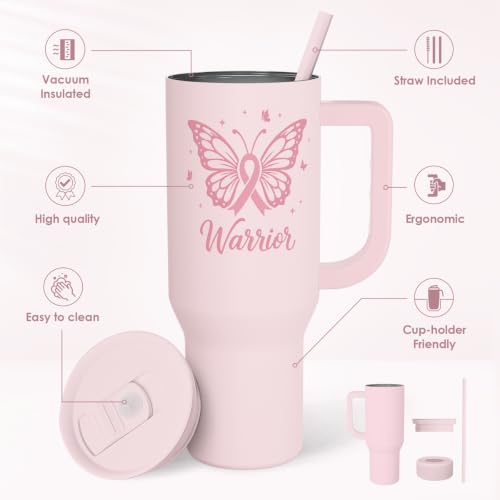 Breast Cancer Awareness Stainless Steel Slider Tumbler with Handle 40 Ounces with Lid, Travel Cup, Insulated Bottles for Girls Women - color: Breast Cancer Awareness