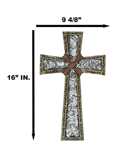 Ebros Gift 16" Tall Rustic Western Faux Wooden Holy Bible Scriptures with Braided Ropes and Ornate White Lace Stencil Antique Design Decorative Wall Cross Hanging Decor Plaque