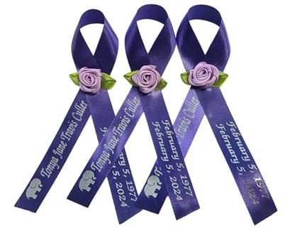 Personalized Memorial Service Funeral Ribbon Pins 20 Cross Religious Celebration of Life Custom Made Awareness Remembrance Anniversary Death Cross Sympathy Name Angel - color: purple