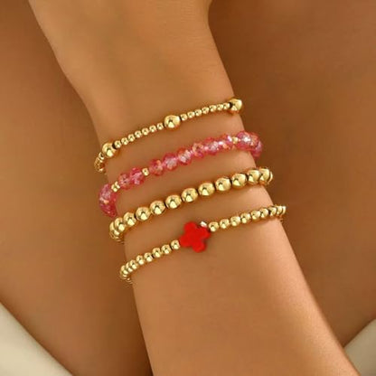 Colorful Cross Charm Bracelets for Women Men Adjustable Gold Plated Beaded Bracelet Boho Bead Ball Stretch Bracelet Birthday Summer Beach Jewelry - color: Red B