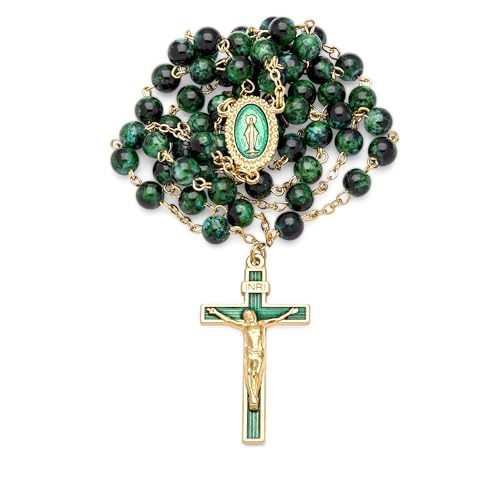 Mondo Cattolico Rosary Beads catholic for Women and Men from Vatican, Miraculous Virgin Rosary with Variegated Glass on a Gold Plated Brass Chain - Perfect Catholic gifts - color: Green