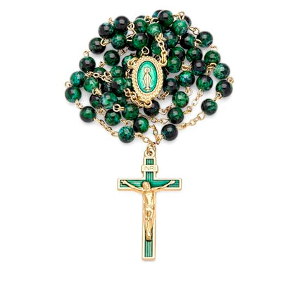 Mondo Cattolico Rosary Beads catholic for Women and Men from Vatican, Miraculous Virgin Rosary with Variegated Glass on a Gold Plated Brass Chain - Perfect Catholic gifts - color: Green