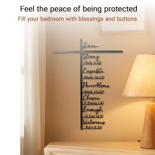 Metal Cross Wall Art with Inspiring Bible Verse - "I Am Strong, Powerful, Never Alone..." Christian Rustic Home Decor, Farmhouse Jesus Wall Art for Living Room, Unique Easter Christmas Gift (12"x8")