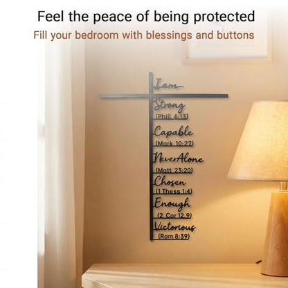 Metal Cross Wall Art with Inspiring Bible Verse - "I Am Strong, Powerful, Never Alone..." Christian Rustic Home Decor, Farmhouse Jesus Wall Art for Living Room, Unique Easter Christmas Gift (12"x8")