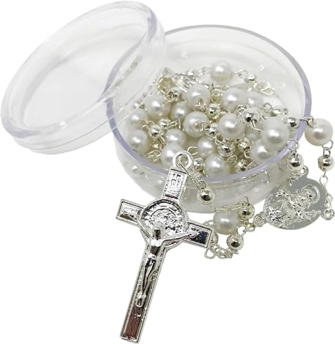 Grahmart Catholic Baptism Candle Set in a Wooden Box with Towel, Candle, Rosary and Shell for Baby Boys and Girls. Handmade Gift for Godparents.. Kit de Bautizo with a Surprise Small Gift (White)
