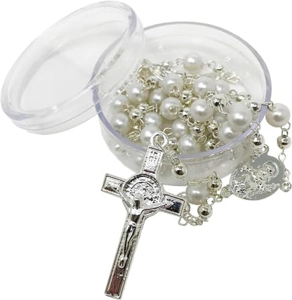 Grahmart Catholic Baptism Candle Set in a Wooden Box with Towel, Candle, Rosary and Shell for Baby Boys and Girls. Handmade Gift for Godparents.. Kit de Bautizo with a Surprise Small Gift (White)