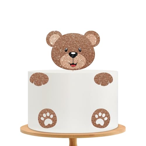 Bear Face Cake Topper, Bear Baby Shower Cake Decor, Brown Glitter Cute Animal Cake Topper for Boy, Beary First Birthday Party Decoration - style: Cute Bear