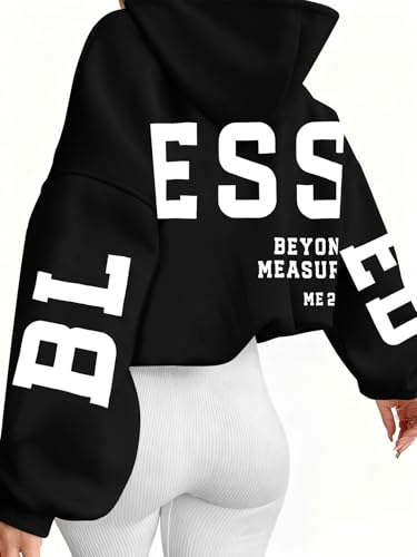 Christian Hoodies Women Blessed Sweatshirts Jesus Religious Sayings Sweater - color: Black, size: Medium