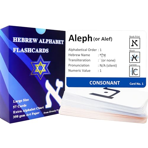 Hebrew Biblical Alphabet Flashcards, Complete Large Size 57 Cards Includes Consonants, Vowels, with Dagesh & Final Form, Hebrew Alef Bet Letter Educational Cards for Jewish Language Learning