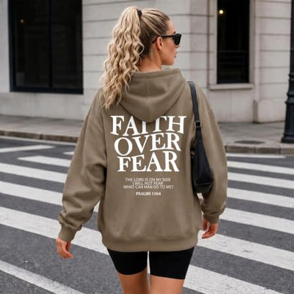 Wrenpies Faith Over Fear Hoodie for Women Christian Jesus Bible Verse Sweatshirt God Religious Oversized Tops - color: Coffee, size: Small
