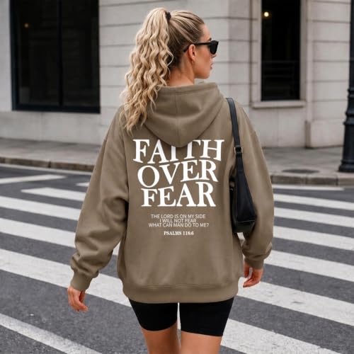Wrenpies Faith Over Fear Hoodie for Women Christian Jesus Bible Verse Sweatshirt God Religious Oversized Tops - color: Coffee, size: XX-Large