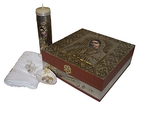 Premium Virgin of Guadalupe Baptism Kit - Includes Candle, Towel, Shell, Rosary - Catholic Christening Kit