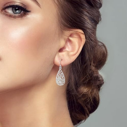 925 Sterling Silver Dangle Earrings for Women Filigree Teardrop Linear Drop Celtic Knot Statement Ear Bling Jewelry Crystal Clover Dragonfly Dangling Hook Helix Piercings - color: Filigree Teardrop