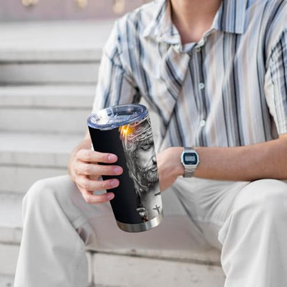 Christian Tumbler for Men,Jesus Christ 20oz Tumbler,The Devil Saw Me - color: grey/Jesus Christ