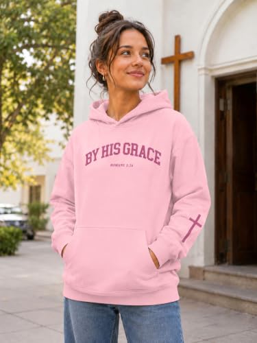 FAYALEQ Christian Sweatshirt By His Grace Letter Print Hoodie Christian Religious Sayings Sweater Bible Pullover Tops - color: Pink, size: XX-Large