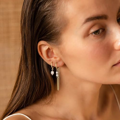 Moodear Gold Earrings for Women, 14K Plated Pearl Earring Stack Jewelry - color: 4pc chain pearl hoop