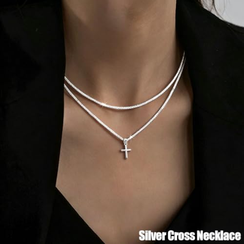 925 Sterling Silver Necklace for Women Layered Cross Paperclip Chain Necklaces Dainty Sparkle Pendant Jewelry Gifts - style: 2 Layered Cross