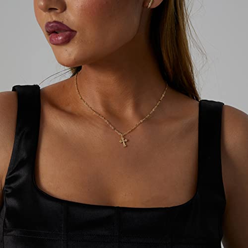 VIROMY Gold Cross Necklace for Women 14K Gold Plated Cute Sidways Cross Pendant Choker Necklaces Simple Trendy Everyday Jewelry for Women - style: Tiny Lace Chain Cross-38CM-Gold