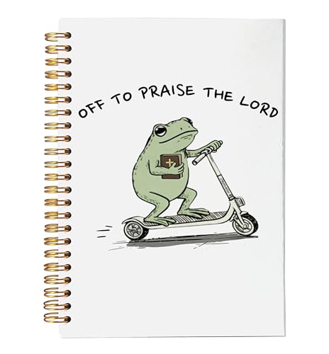 VNWEK Funny Frog Christian Spiral Notebook Journal 5.5 x 8.3 Inch, Religious Prayer Journal for Women, Off to Praise the Lord Skateboard Frog Prayer Lined Hardcover Spiral Notebook - color: 32-XZ-bible-notebook