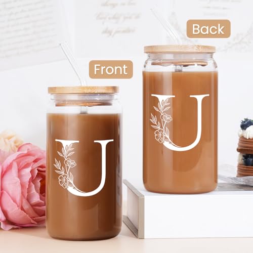 SANDJEST Monogrammed Gifts for Women - Monogram U Initial Glass Cup 16 Oz Can Coffee Cups with Lid and Straw - Monogram Initials Gifts for Womens on Birthday - color: Initial U