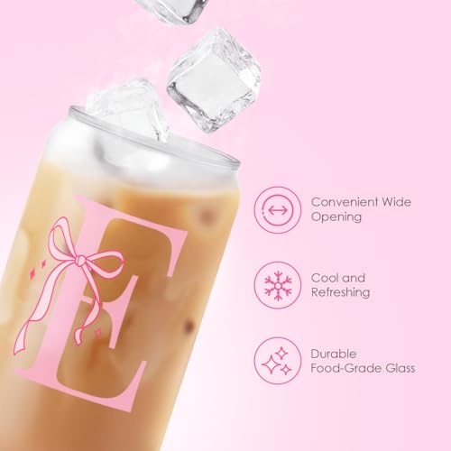 SANDJEST Monogrammed Glass Drinking Can Cup with Acrylic Lid and Straw, Personalized Frosted Iced Coffee Tumbler 16oz, Monogram Initial Gifts for Women Girls on Birthday (E) - color: E