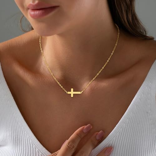 18K Gold Plated Cross Necklace for Women Trendy - color: Sideway Cross