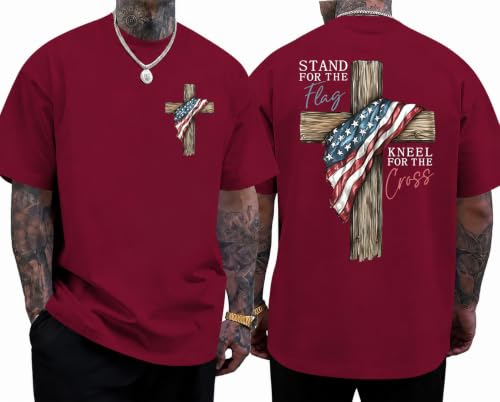 Christian Patriotic Faith Shirts, Stand for The Flag Kneel for The Cross Shirt Men Women Graphic Short Sleeve T-Shirt Tee - color: Claret, size: Small
