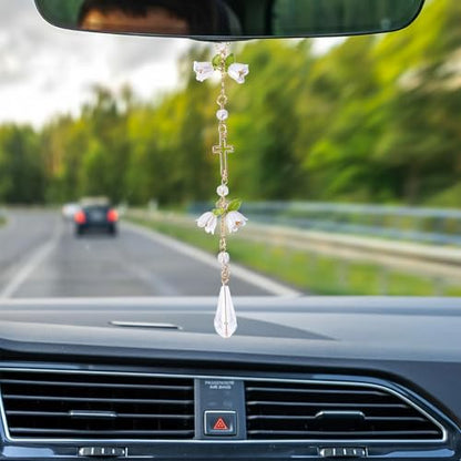 Cross Crystal Car Charm Lily Flower Beaded Mirror Hanging - style: Cross