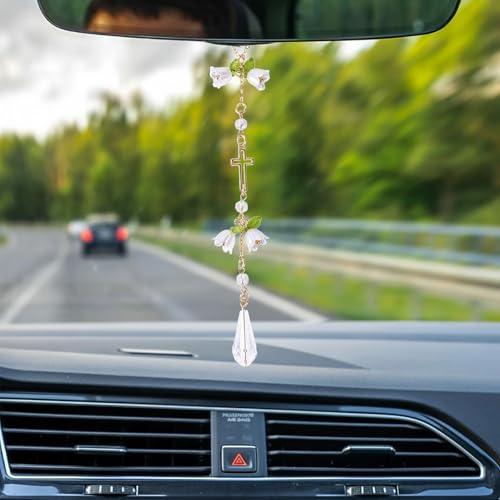 Cross Crystal Car Charm Lily Flower Beaded Mirror Hanging - style: Cross