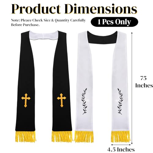 Eorbow 1 Pack Wedding Reversible Stole with Tassels, 75 Inch Clergy Mass Stoles with Cross, White Embroidered Priest Sash Stole, Pastor Shawl for Wedding Officiant Clergy Robe Cassock