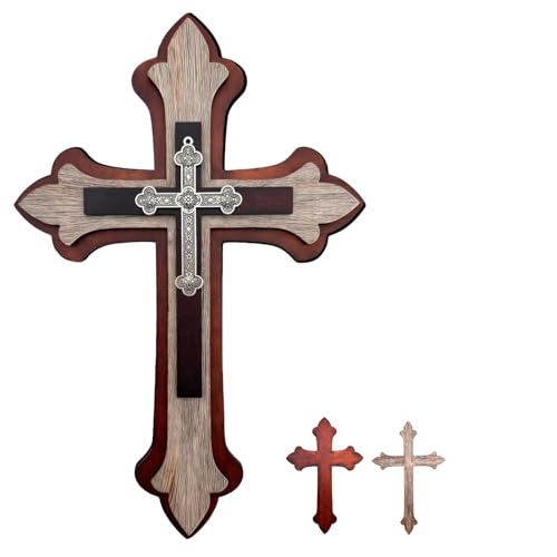Goodangie00 Rustic Wooden Christians Cross Wall Decor, 11 Inch 3D Classic Multi Layered Religious Crucifix Hanging Decoration for Home Living Room Farmhouse Church Prayer Corner Blessed Gift - color: Rustic-3 Layer