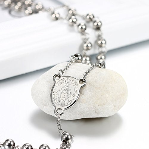 Rosary Beads Cross Necklace for Women Men, Stainless Steel Lords Prayer Long Chain Necklace Jewelry Gifts Y Necklace - color: SILVER-6mm