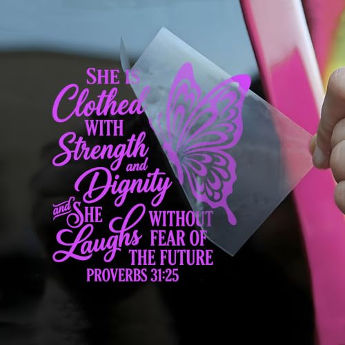 She is Clothed with Strength and Dignity Car Decal Funny Butterfly Christian Religious Humor Car Windows Trucks Accessories Affirmations Vinyl Waterproof 6 Inches Bumper Sticker Gift for Mom Dad - color: She is Clothed With Strength and Dignity, size: 6 I