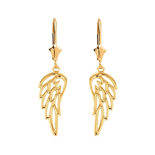 Fine 14k Yellow Gold Guardian Angel Filigree Wing Dangle Earrings