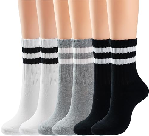 BomKinta Womens Striped Crew Socks Retro Above Ankle Cotton Sock Size 5-10 - color: 6 Pairs-2 Black 2 White 2 Grey
